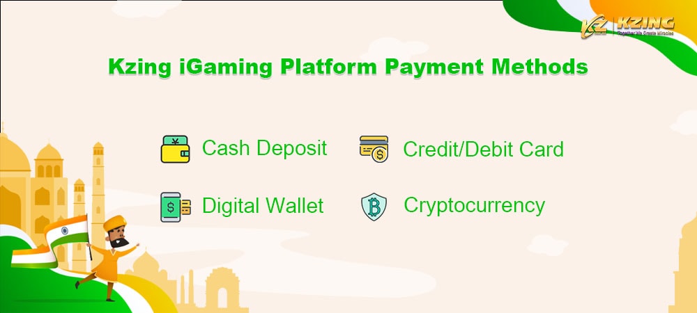 Payment methods Kzing's online casino solution accepts for online gambling in India (cash deposit, credit/debit card, digital wallet and cryptocurrency)